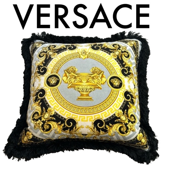 VERSACE MEDUSA BAROQUE LARGE BLACK GOLD GREEK KEY ACCENT THROW PILLOW - Picture 1 of 9